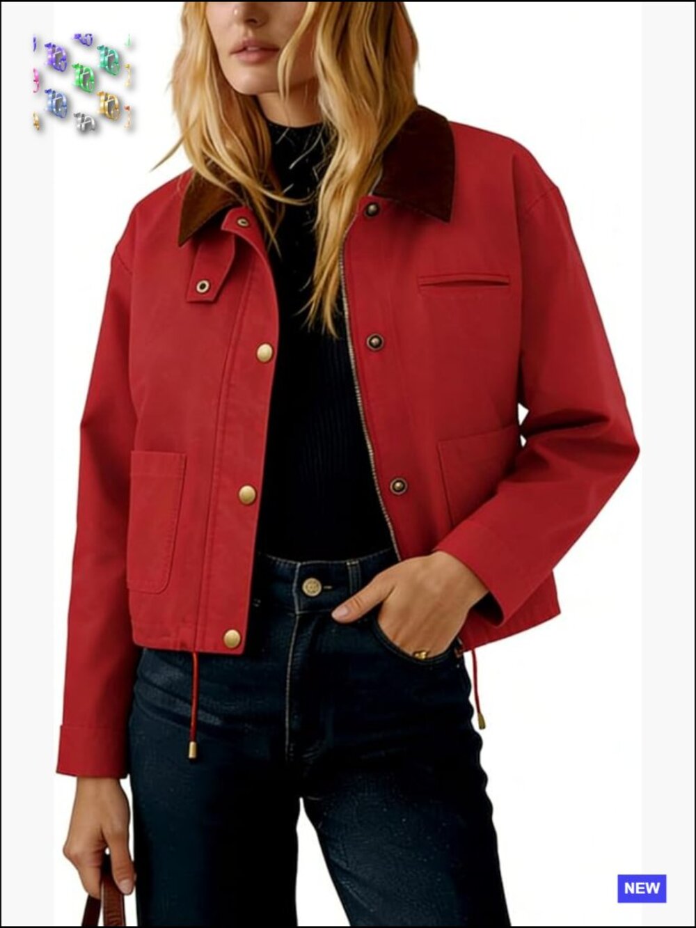 Cropped Button Varsity Jacket Casual Zipper Shackets with Pockets Drawstring Hem